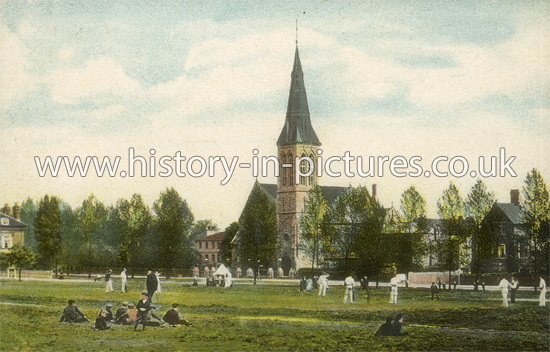 Cricket on The Green and Congregational Church, Broadmead Road, Woodford Green, Essex. c.1904